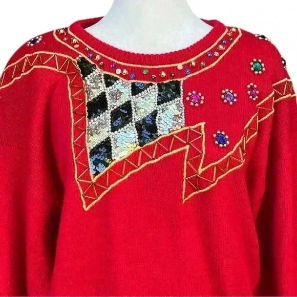 Vintage Western Connection Embellished Women’s Red Sweater Sequins Beads Size L - Picture 2 of 11